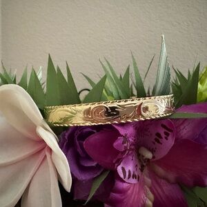 Gold Engraved Floral Bangle Bracelet - Women's Jewelry